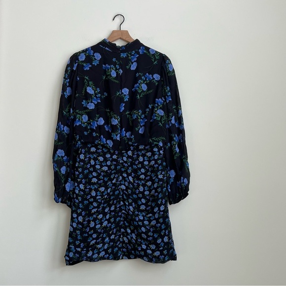 New Shoshanna Kiana Floral Dress Ruched Skirt Mock Neck Long Sleeve Mini 12 Blue - Picture 14 of 16